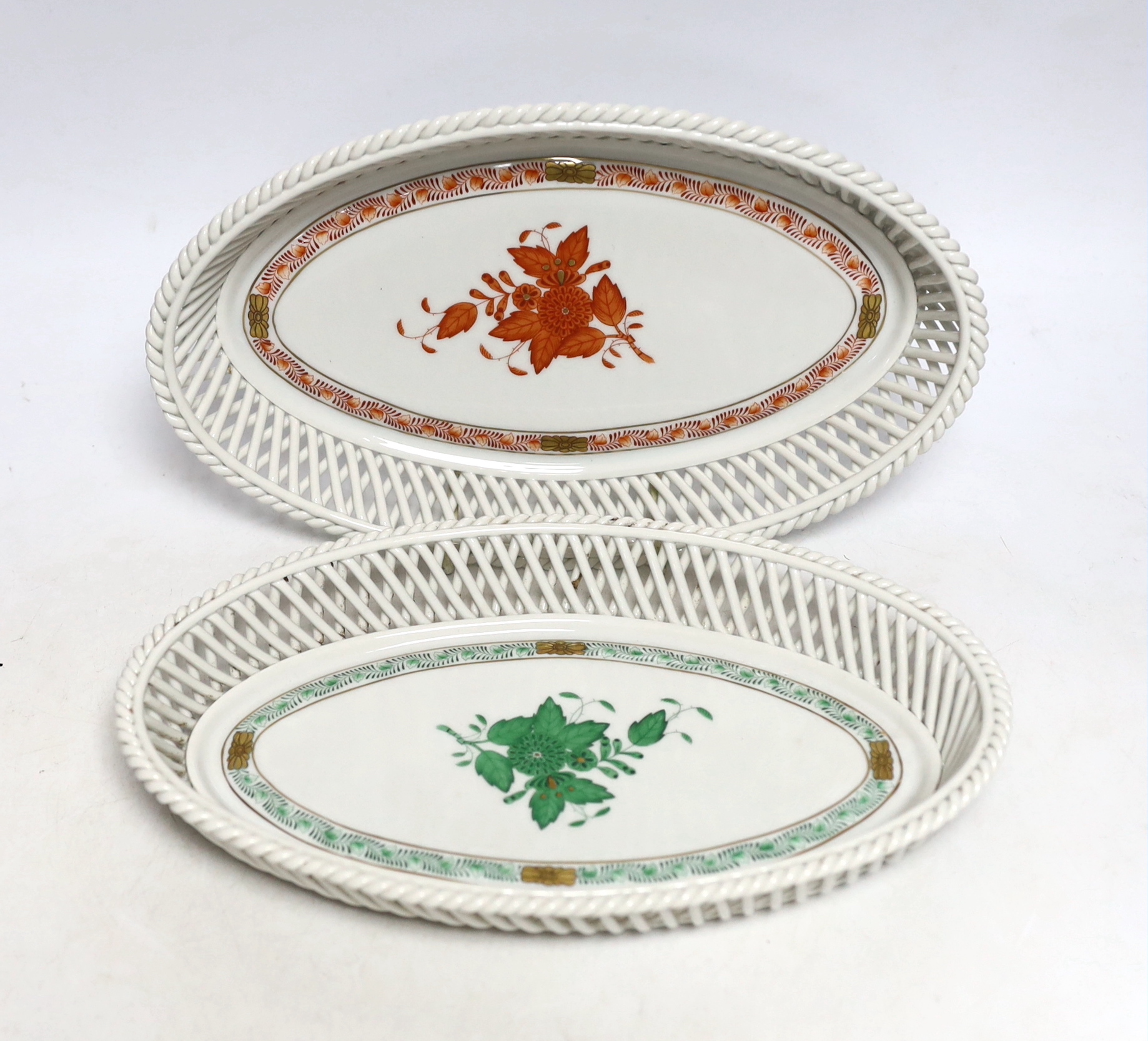 Two Herend oval porcelain basket dishes, 26.5cm